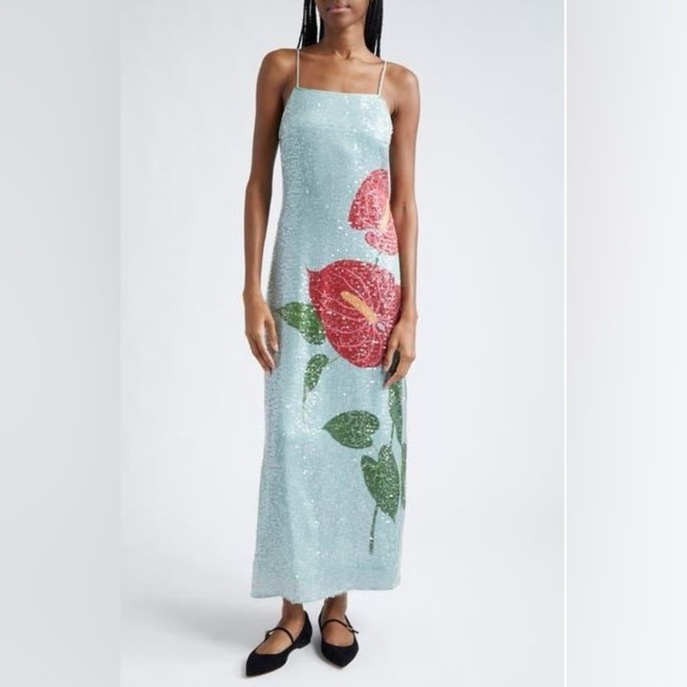 Farm Rio Anthurium Sequin Shift Dress, light blue, size small - Picture 1 of 5